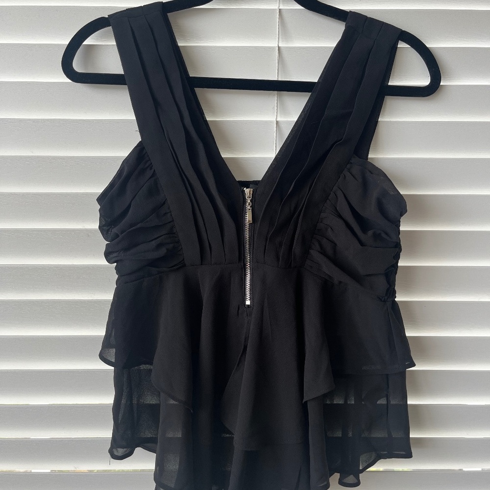 Black Layered Blouse with Front Zipper